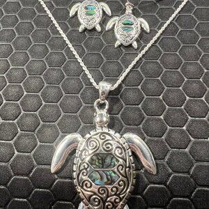 Turtle Necklace and Earring Set with Green Abalone Stones 18K White Gold Plated